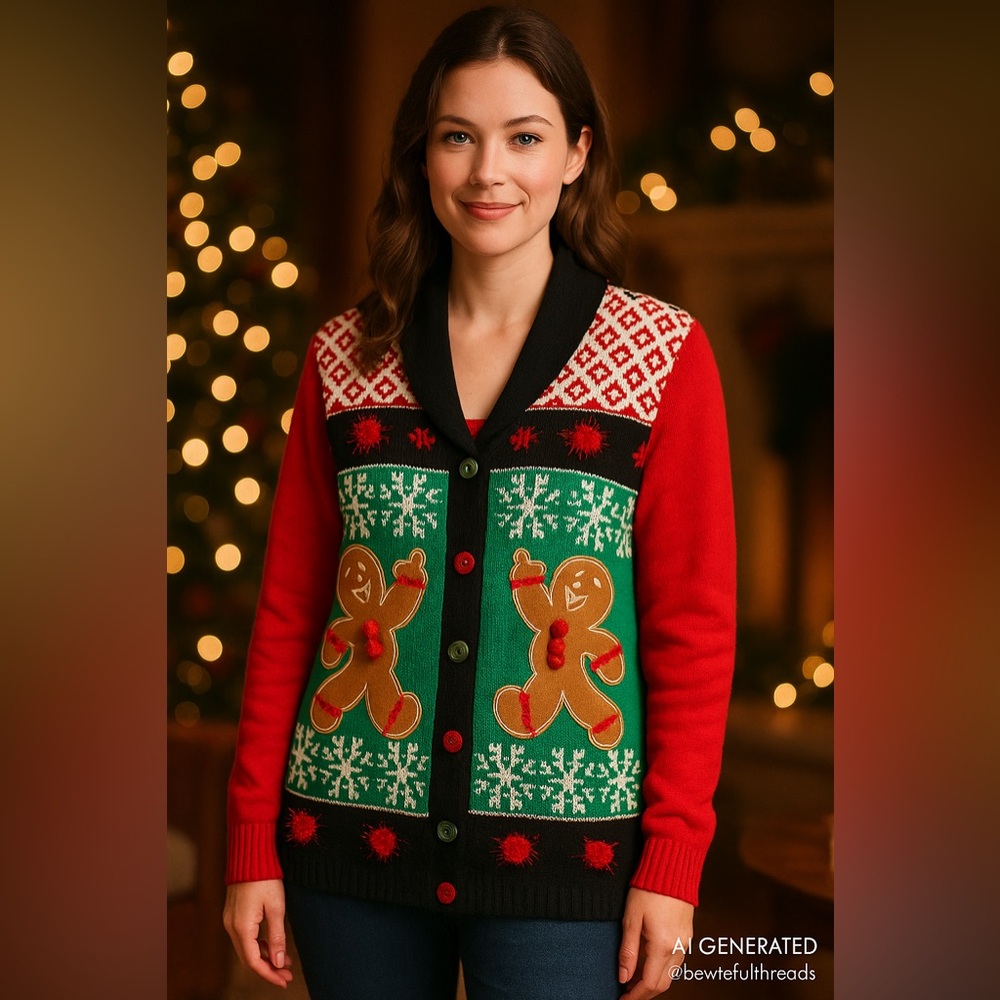 🎄 Spencer’s Gingerbread Men Ugly Christmas Cardigan Sweater M